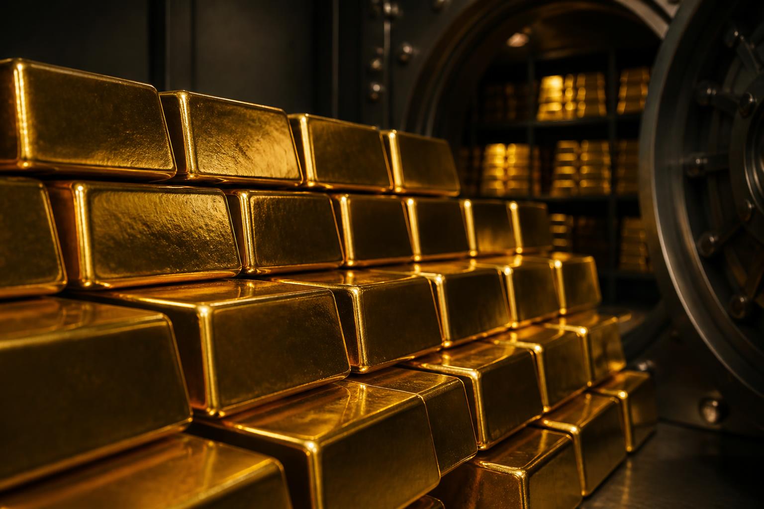 Gold bars stacked inside a high-security vault